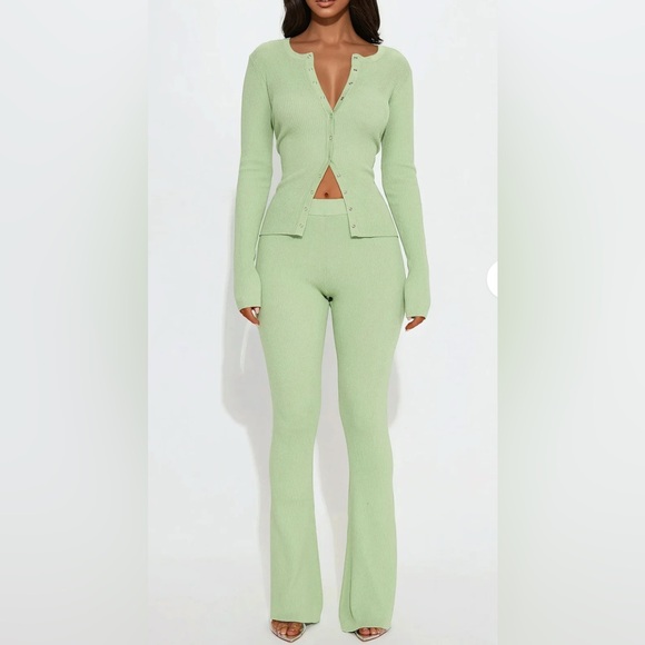 Fashion Nova Pants - Mint Green Flare Leg Jumpsuit with Collared Neckline